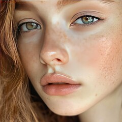 Fototapeta premium A close-up of a teenage freckled face, with a soft, natural makeup look that highlights her youthful features.