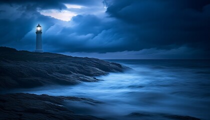 Lighthouse under the starry sky. Lighthouse beacon. Rocky coast with lighthouse. Celestial lighthouse.
