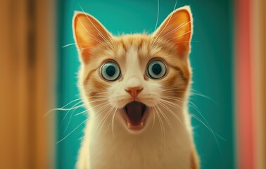 Crazy surprised cat makes big eyes close-up on a colored background