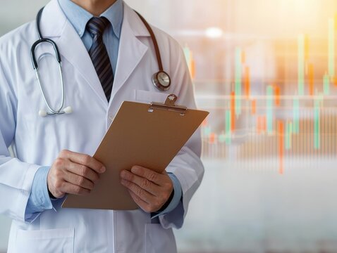 Doctor in white coat holding clipboard with medical data and stethoscope.