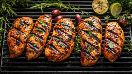 Colorful Chicken Skewers Ready for Grilling on Black Grill with Fresh Vegetables Background