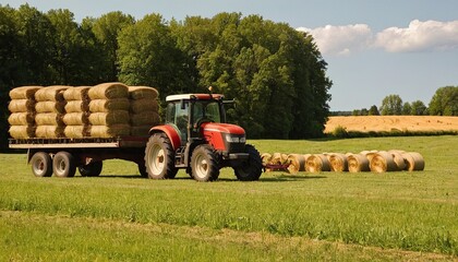 Fototapeta premium A tractor pulling a trailer loaded with hay bales across a harvested field under a blue sky 4