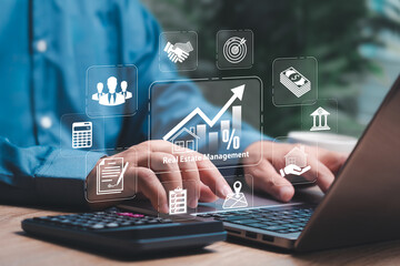 Real Estate, Business property management concept, Businessman calculate profit of real estate analyzing mortgage loan home and insurance real property, long term Investment strategies, Cost targets