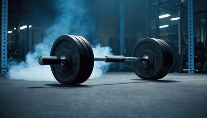 Naklejka premium Closeup of a barbell on a concrete floor with a blue smoky background 1