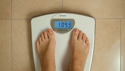 The image depicts a female leg stepping on weigh scales representing a healthy lifestyle food and
4