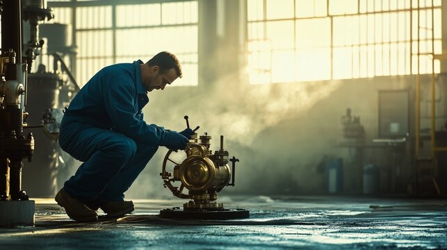 engineer, operator, repairs, brass, valve, pipe, fitting, metal, copper, expertise, hardhat, horizontal, headwear, industry, people, repairing, occupation, construction, system, pipeline, factory, exa