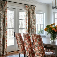 A cozy dining area with patterned door curtains that add warmth and color, creating an inviting atmosphere for family meals.