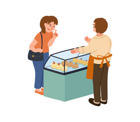 ショーケースからケーキを選んでいる女性のイラスト