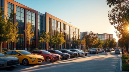 Fototapeta premium Urban Street with Cars at Sunset