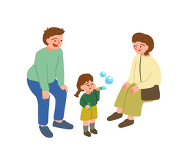 シャボン玉で遊ぶ3人家族のイラスト