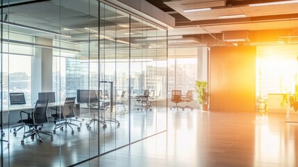 Bright modern office with glass-walled meeting room, coworking zone, and panoramic windows providing views of an urban environment