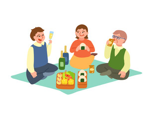 外で宴会をする人々のイラスト