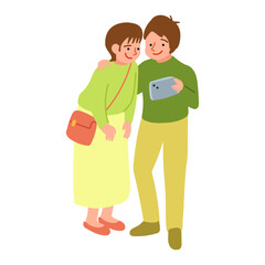 自撮りをするカップルのイラスト