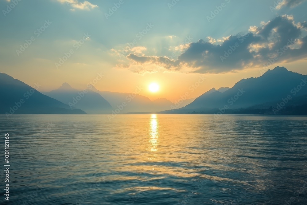 Poster Serene sunset over a tranquil mountain lake