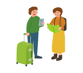 スマホと地図をみる旅行中のカップルのイラスト