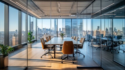 Contemporary glass-walled office with meeting area, shared coworking space, and panoramic views of an urban cityscape.