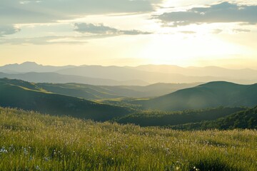 Scenic mountain landscape with rolling hills and meadows