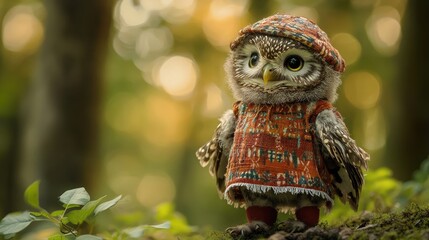 Fototapeta premium A fluffy baby owl wearing a Swedish folk costume, perched in a peaceful forest. Its bright and cheerful expression adds charm to the tranquil surroundings.