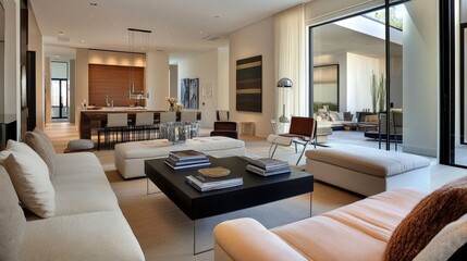 Contemporary living room with sleek modern furniture, soft furnishings, and neutral colors, creating a stylish and comfortable space.