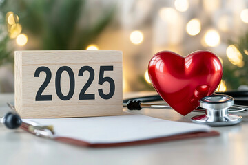 Red Heart with Stethoscope on Wooden Table, Happy New Year 2025 Concept