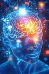 A digital illustration of a human head with a glowing brain, symbolizing thought and consciousness.