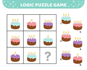 Logic puzzle game. Cake. Birthday cake. For kids. Cartoon.
