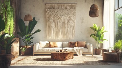 Cozy boho living room with macram wall hangings, natural textures, and lush greenery, evoking a relaxed, inviting ambiance.