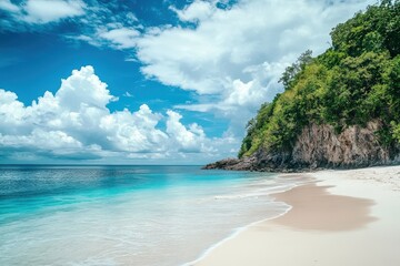 Fototapeta premium Stunning tropical beach with crystal clear waters and lush greenery