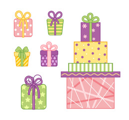 Set of gifts in cartoon style. Set of presents. Cartoon, vector