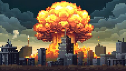 Pixel Art Explosion Over Cityscape Depicting Apocalyptic Scenario with Mushroom Cloud