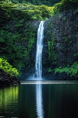 Fototapeta premium Lush tropical waterfall cascading into serene pool