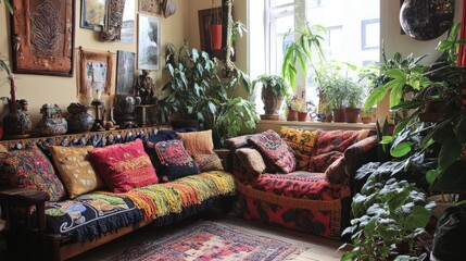 Eclectic boho living room with colorful cushions, vintage furniture, and an abundance of plants, creating a warm and relaxed