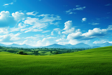 Fototapeta premium generated illustration of empty green grass field with blue sky and white clouds