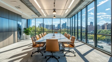 Elegant glass-walled meeting room, a coworking zone, and panoramic windows offering views of a modern cityscape.