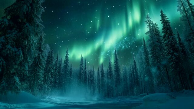 Majestic northern lights glowing above dark snowy forest in remote winter wilderness.  Seamless looping time-lapse animation video background