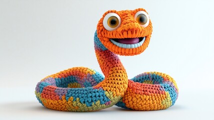 Fototapeta premium Hobbie. Cute Plush Green snake toy, knitted texture, children's room decor, unique gift idea, nursery decoration, soft toy, colorful stuffed animal. Poster, sticker.