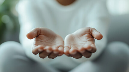 A close-up of hands with fingers spread out, showing the posture for an open palm gesture in front view. The person is wearing a white long-sleeved shirt and is sitting on a gray f