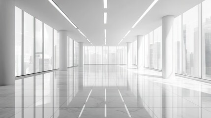 A large, empty monochromatic room with ceramic tile flooring, windows, and ceiling strip lights, creating a bright and clean interior with shiny surfaces.