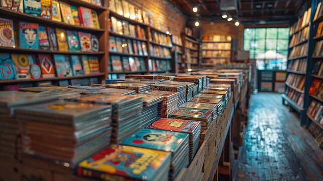 A vibrant, well-organized comic book store with shelves full of colorful comics and graphic novels, featuring a cozy and inviting atmosphere