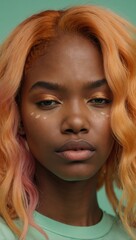 Naklejka premium Woman with blonde bob and gold makeup looking directly at camera