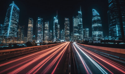 Fototapeta premium A nighttime view of a city highway with tall buildings illuminated in the background, showcasing streaks of light from passing vehicles