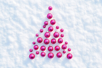 White wooden table background with snow and Christmas tree made with pink decoration. Creative winter top view. Minimal flat lay with copy space.