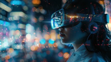 A young woman wearing VR glasses with integrated headphones, completely engrossed in the virtual reality experience. The background is bright and colorful