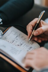 A person writing notes in a notebook with a pen, focusing on organization and planning.