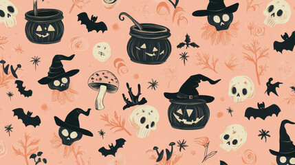 Fototapeta premium A fun Halloween pattern with a pink background. It has cute witches' hats, cauldrons, mushrooms, bats, and skulls. Perfect for kids!