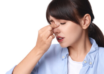 Woman suffering from sinusitis on white background