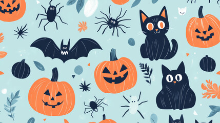 A fun Halloween pattern with pumpkins, cats, witches, bats, and spiders. This cute design is perfect for spooky wallpaper or fabric.