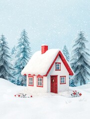 Fototapeta premium Festive Winter Scene with Cozy House and Snow