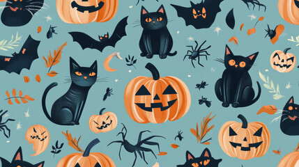A fun Halloween pattern with pumpkins, cats, witches, bats, and spiders. This cute design is perfect for spooky wallpaper or fabric.