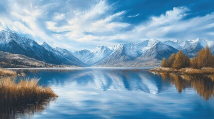 Obraz premium A painting of a tranquil lake surrounded by snow-capped mountains, with a reflection of the sky in the water. Calm and serene for wall decor.